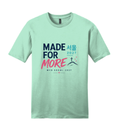 Mint green t-shirt with the phrase 'Made for More' in bold black lettering, alongside the Korean word for Seoul and 2027