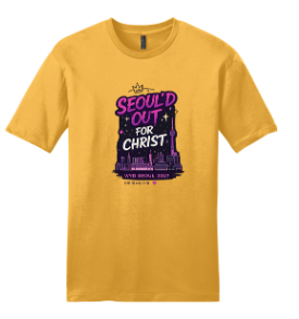 Gold t-shirt with stylized Seoul skyline and the phrase 'Seoul'd Out for Christ' in pink and purple lettering