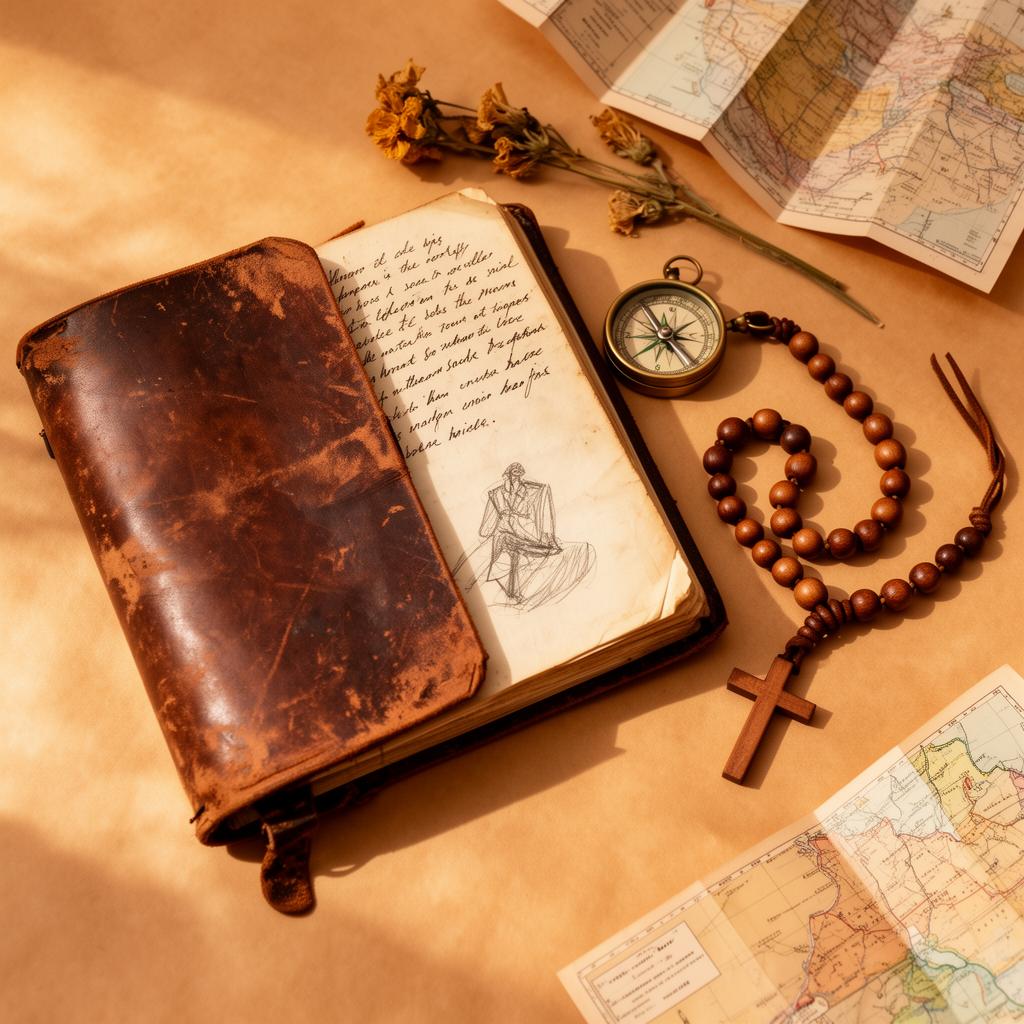 An open leather journal, brass compass, wooden rosary, and folded map on parchment