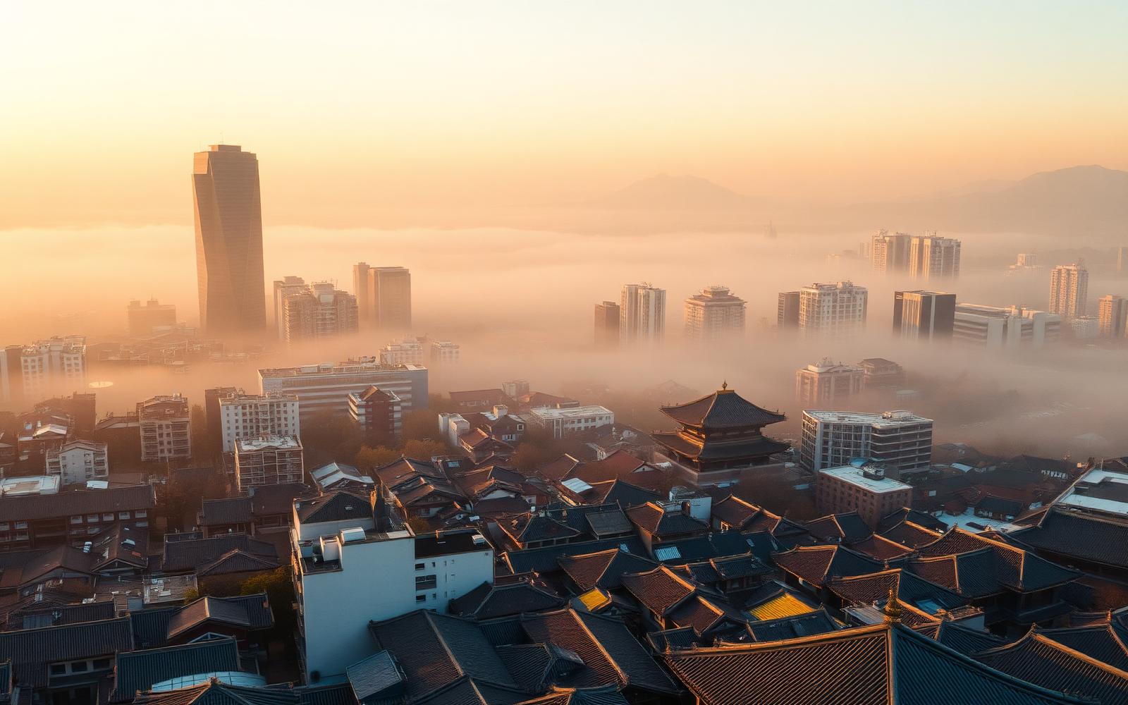 Seoul skyline at dawn with traditional rooftops in the foreground